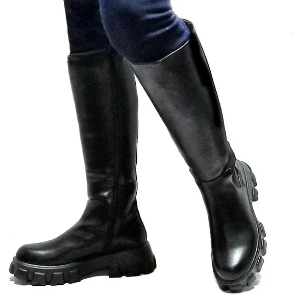 New Black Elastic Lug Sole Platform Combat Knee High Boots - Picture 2 of 2